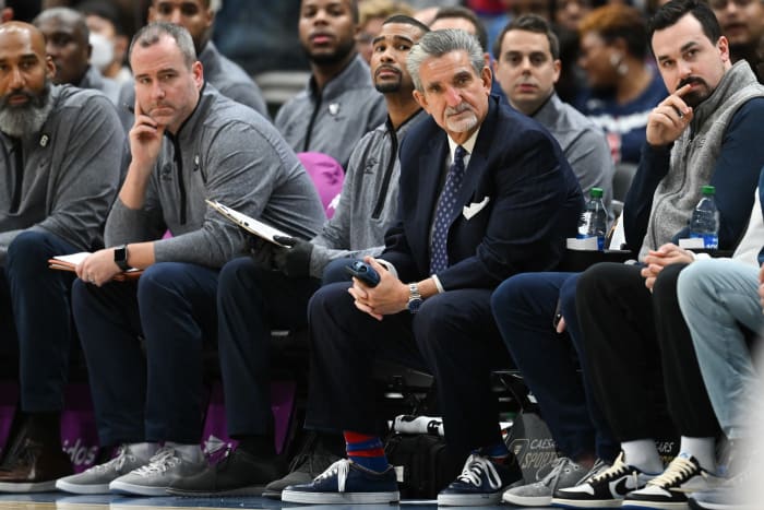 Monumental sports owner Ted Leonsis sits court side during the first half of the game between the Washington Wizards and the Chicago Bulls at Capital One Arena.